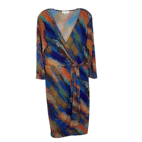 London Style Faux Wrap Dress Size 10 Colorful Artsy Abstract Print Belt Detail - Picture 1 of 7